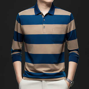 有口袋体恤 男士 纯棉polo衫 翻领长袖 t恤中老年条纹带领上衣爸爸装