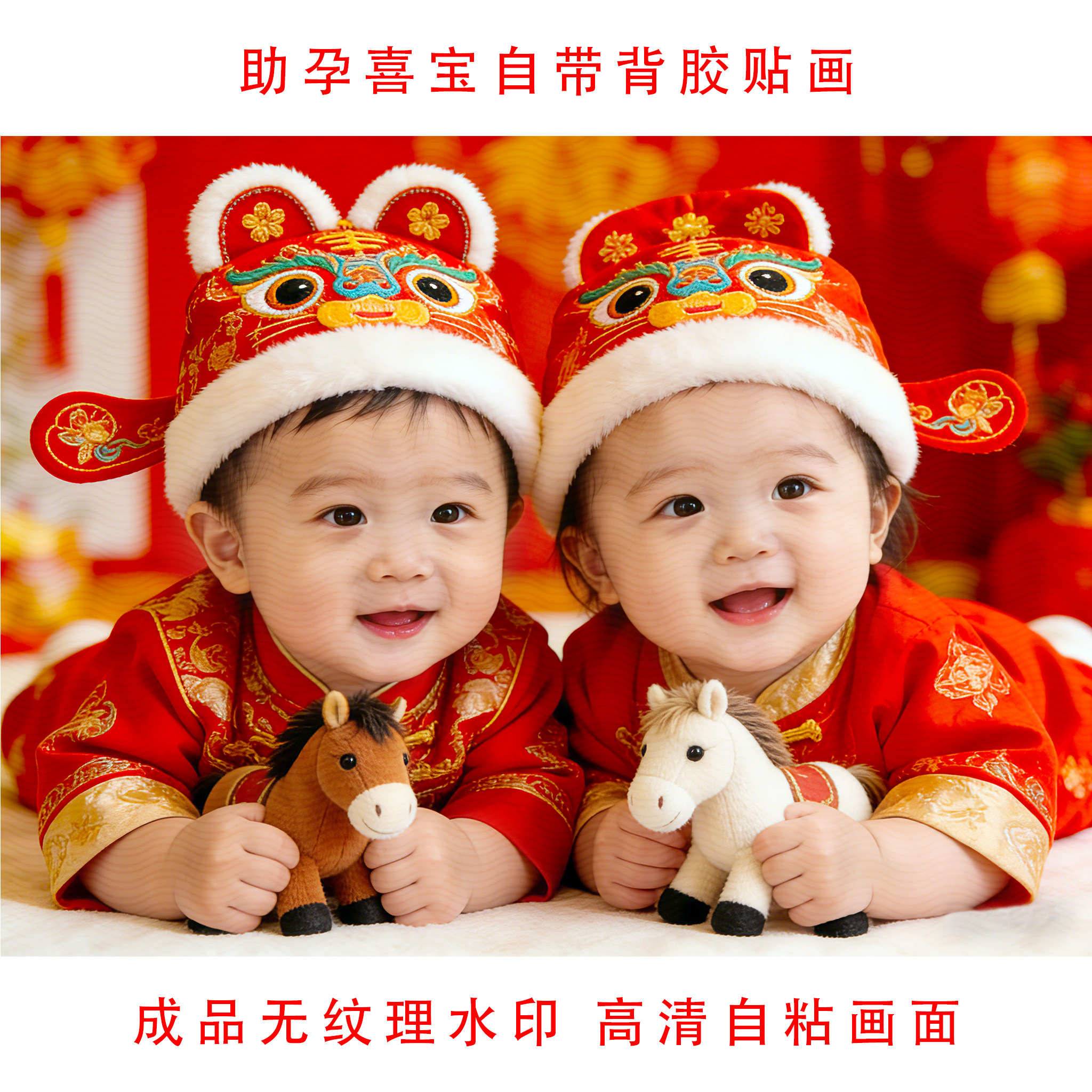 新中式自粘龙凤胎宝宝贴画