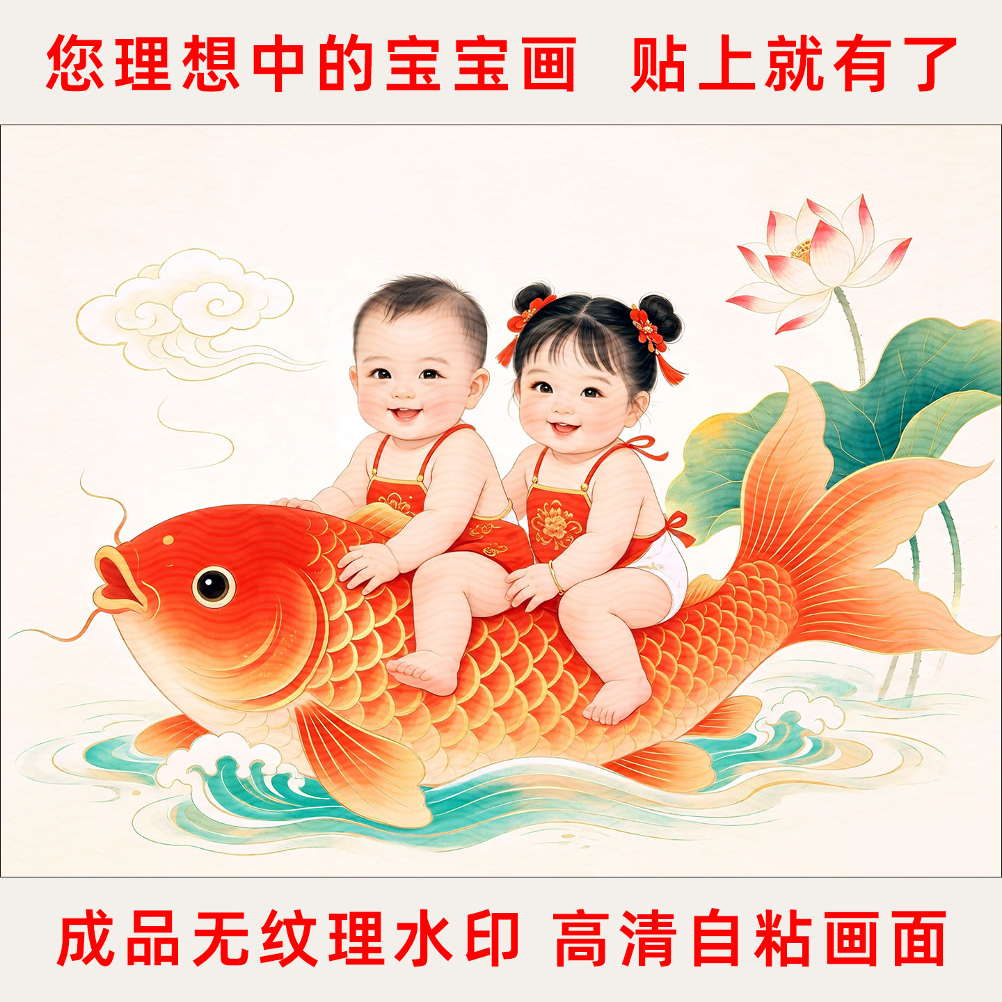 鲤鱼跃龙门双胞胎宝宝画报墙贴卧室床头求子送子助孕备孕娃娃贴纸