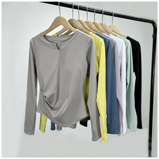 秋季新款含胸垫瑜伽服长袖T恤跑步运动上衣V领裸感健身上衣女