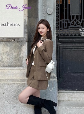 DearJune 韩版高智感西装外套百褶裙套装简约学院风通勤ins小个子