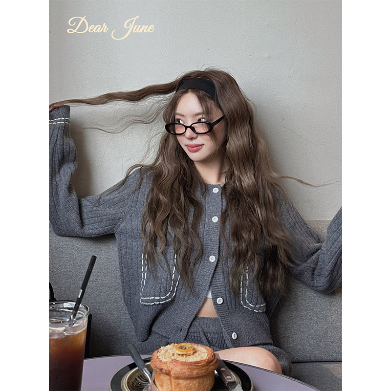 DearJune 韩版深灰色针织套装开衫撞色缝线口袋短款休闲百搭简约