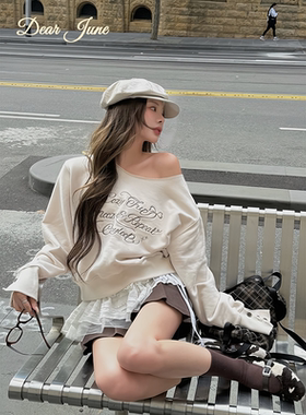 DearJune韩系新款纯欲风性感辣妹一字肩蕾丝拼接长袖T恤女上衣