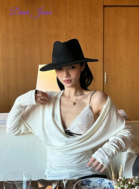 DearJune 法式高级感荡领蕾丝设计感上衣性感辣妹显瘦气质小众女