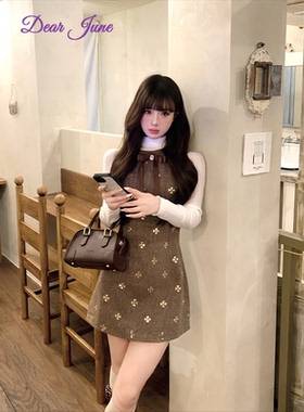 DearJune 韩系美拉德收腰连衣裙高领内搭套装千金感高级气质温柔