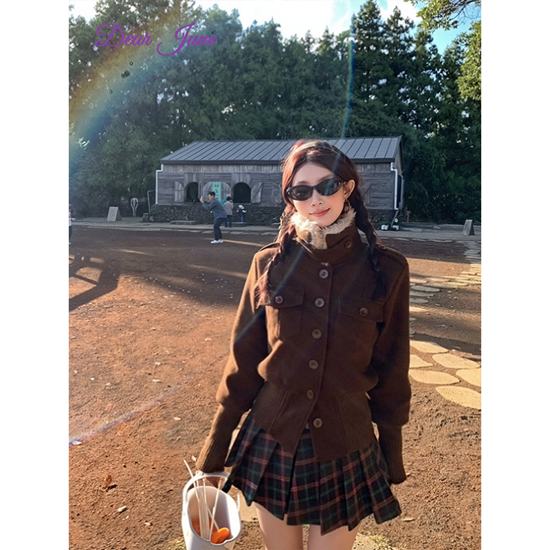 DearJune 韩版时尚复古咖色毛领立领收腰夹克外套高级感chic百搭