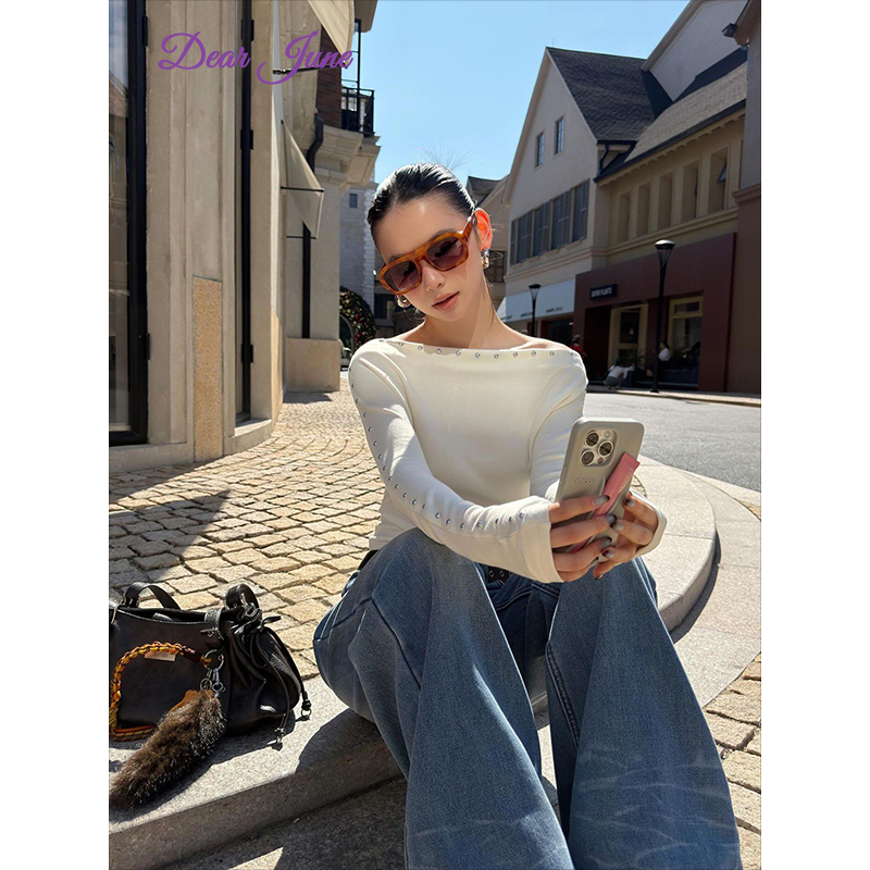 DearJune 美式潮流铆钉一字肩长袖收腰上衣显瘦通勤chic内搭小众,女装/女士精品,大码内搭,淘宝优惠券,粉丝福利购,淘宝优惠卷