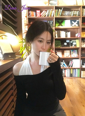 DearJune 韩版新款小众清纯拼接挂脖一字肩长袖上衣修身设计感女