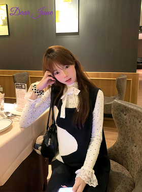 DearJune 韩版俏皮波点蕾丝上衣叠穿针织花朵提花连衣裙小个子女
