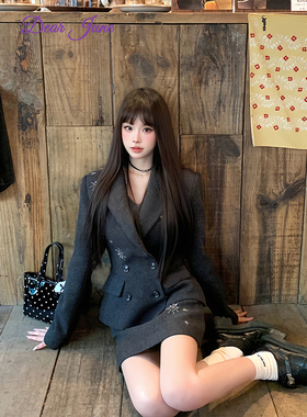 DearJune 雾呢星章呢子收腰外套包臀半身裙套装学院风时尚高级感