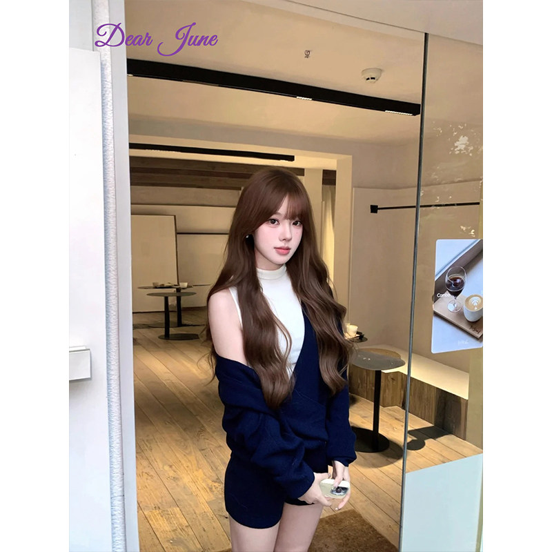 DearJune 韩系休闲设计感藏青色交叉针织毛衣宽松ins松弛感百搭