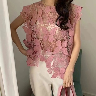 高级感坎肩马夹 设计感蝴蝶图案镂空蕾丝马甲背心 145斤5色法式