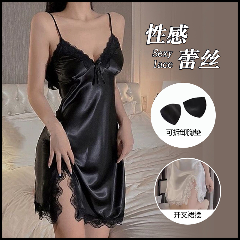 春夏新款私房蕾丝性感睡衣女缎面雪纺吊带睡裙火辣诱惑家居服