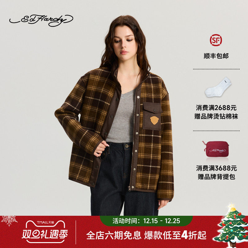 Ed Hardy埃德哈迪2025冬季新款女士羊羔毛保暖宽松夹克衫E1RDW423