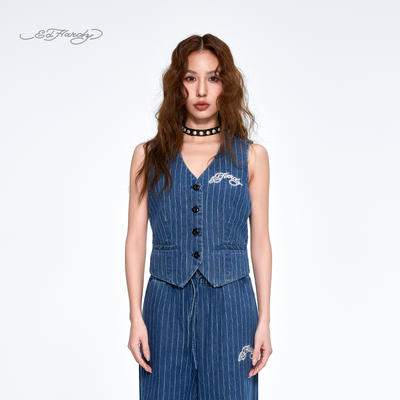 Ed Hardy埃德哈迪2025夏季新款合身插针绣女士条纹牛仔马甲
