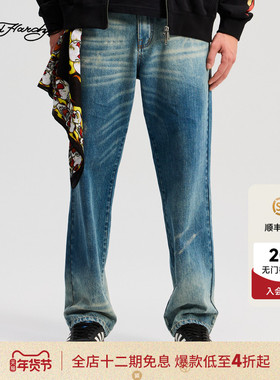 Ed Hardy埃德哈迪2025冬季新款男士直身做旧破洞牛仔长裤E1RDM043