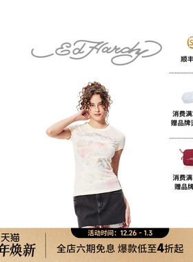 Ed Hardy埃德哈迪冬季新款水浆印烫钻圆领修身女士短袖T恤