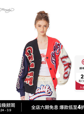 Ed hardy埃德哈迪春季新款美式复古撞色宽松V领卫衣开衫外套