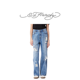 水洗做旧烫钻破洞合身女士牛仔长裤 新款 Hardy埃德哈迪冬季