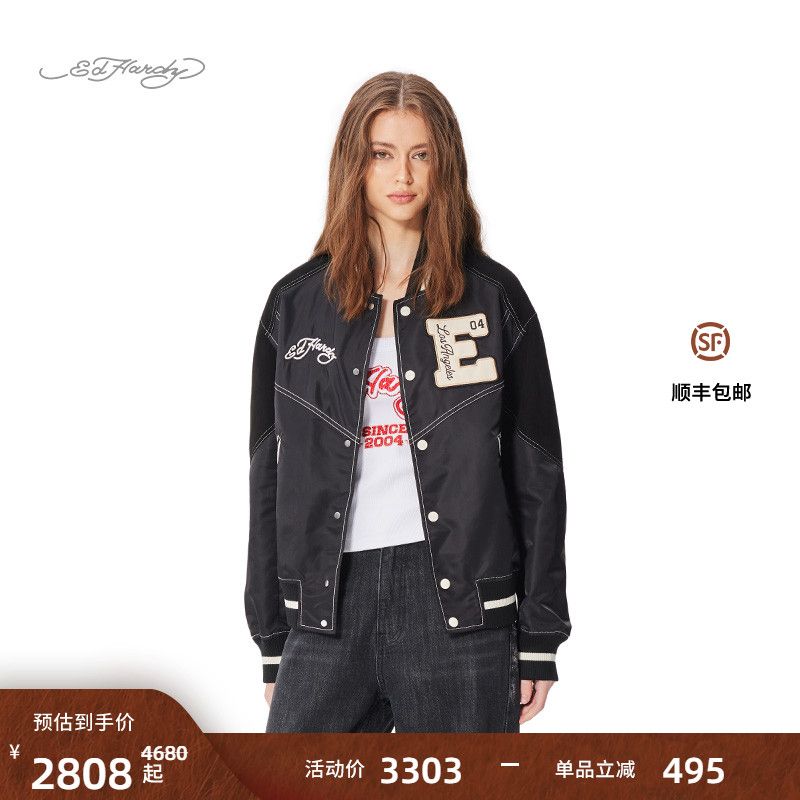 Ed hardy埃德哈迪2025春季新款女士宽松撞色拼接棒球服夹克外套