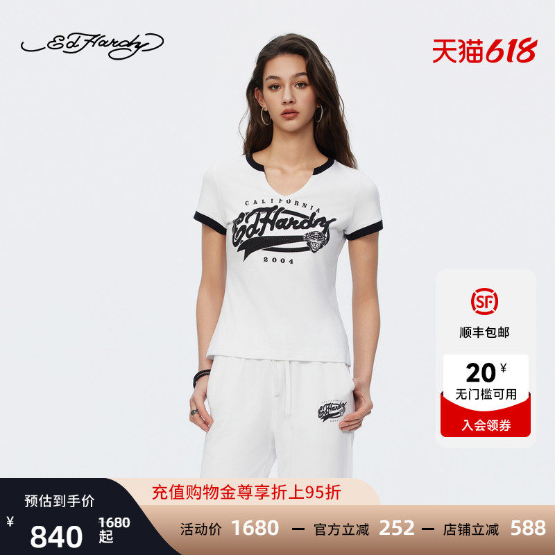 Ed Hardy埃德哈迪2026夏季新款女士水浆印烫钻短袖T恤E1STW213