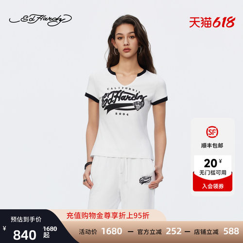 Ed Hardy埃德哈迪2026夏季新款女士水浆印烫钻短袖T恤E1STW213