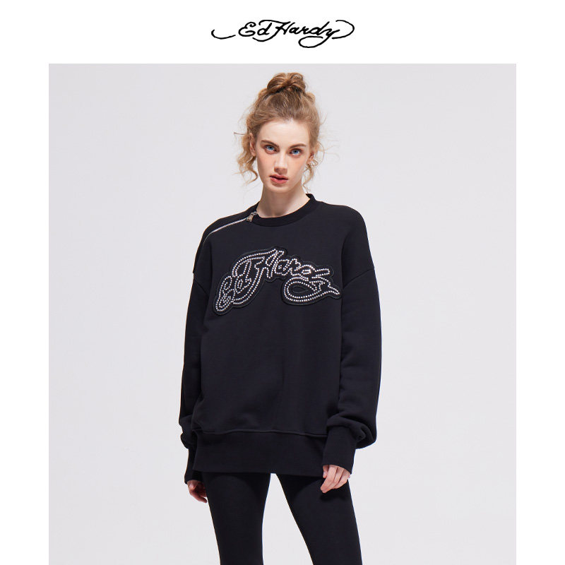 ed hardy埃德哈迪春季新款经典logo铆钉烫片女士宽松套头卫衣