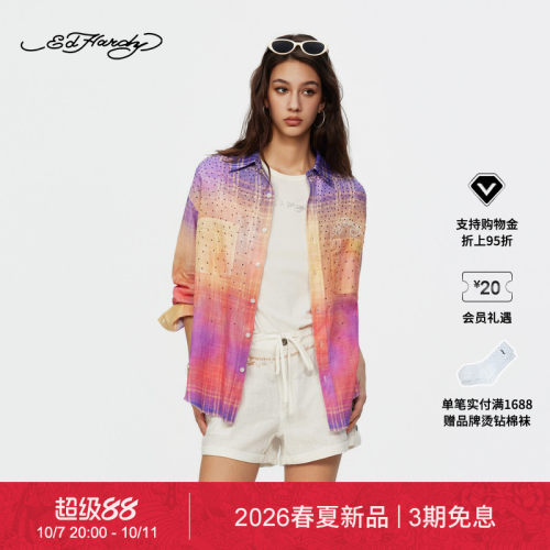【春夏新品】Ed Hardy埃德哈迪秋季女士假日风渐变色宽松翻领衬衫