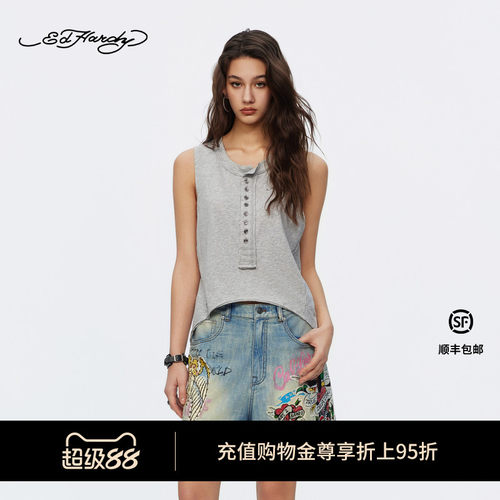 Ed Hardy埃德哈迪2026夏季新款女士烫钻无袖亨利领背心E1SBW253