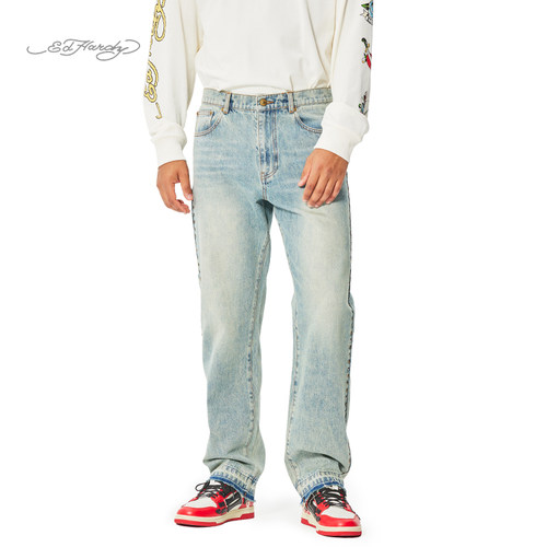 Ed Hardy埃德哈迪2025春季新款男士美式复古直筒潮牌百搭牛仔长裤