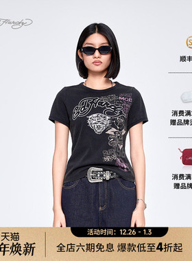 Ed Hardy埃德哈迪2025夏季新款拔印烫钻水洗复古女士短袖T恤