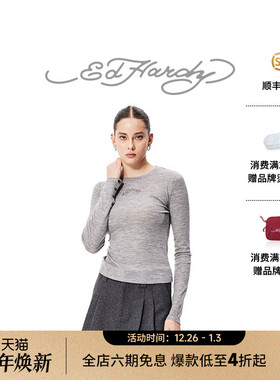 Ed Hardy埃德哈迪冬季新款圆领紧身微短打底衫女士长袖T恤