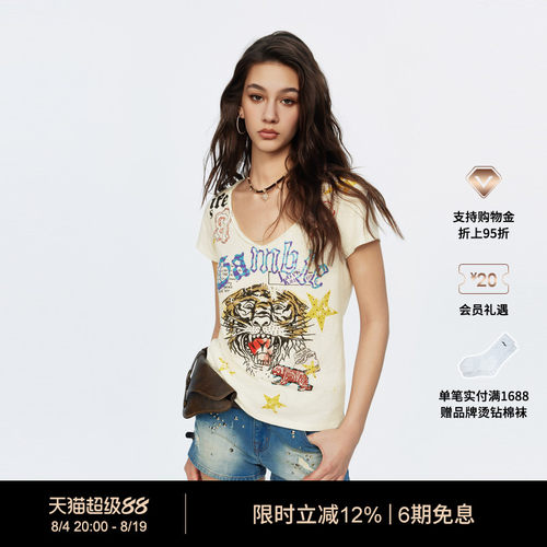 【夏季新品】Ed Hardy埃德哈迪女士潮酷V领做旧短袖T恤E1SBW262