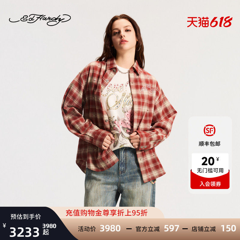 Ed Hardy埃德哈迪2026春季新款女士烫钻铆钉翻领宽松衬衫E1SAW234