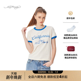 口撞色女士短袖 拔印烫钻圆领袖 新款 T恤 Hardy埃德哈迪2025春季
