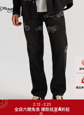 Ed Hardy埃德哈迪2026春季新款男士水洗烫钻直筒牛仔长裤E1SAM034