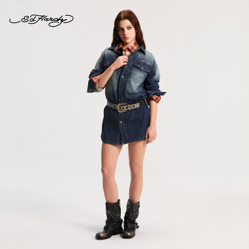 Ed Hardy埃德哈迪2026春季新款女士收腰两穿牛仔连衣裙E1SAW224