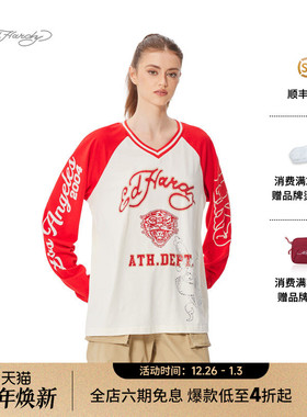 Ed Hardy埃德哈迪2025春季新款女士美式复古T恤V领插肩袖长袖