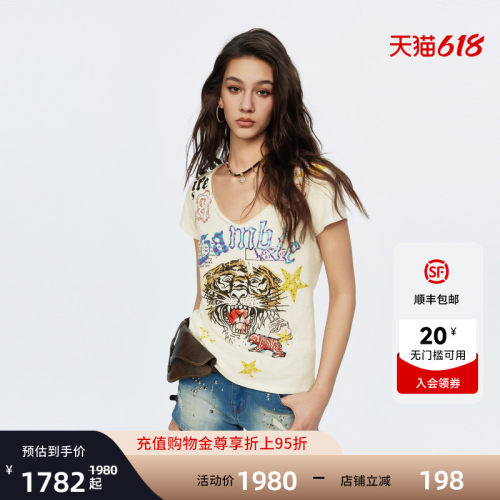 Ed Hardy埃德哈迪2026夏季新款女士潮酷V领做旧短袖T恤E1SBW262
