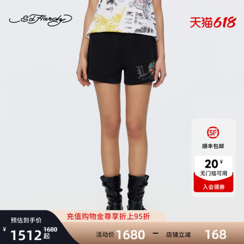 Ed Hardy埃德哈迪2026夏季新款女士拔印水洗松紧腰短裤E1SBW248