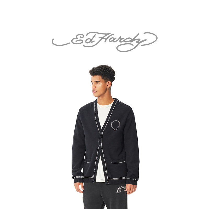 Ed Hardy埃德哈迪男士美式复古针织衫潮牌V领开衫百搭纯棉外套