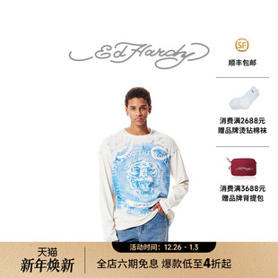 Hardy埃德哈迪秋季 长袖 新款 复古烫钻晕染虎头男士 T恤 美式