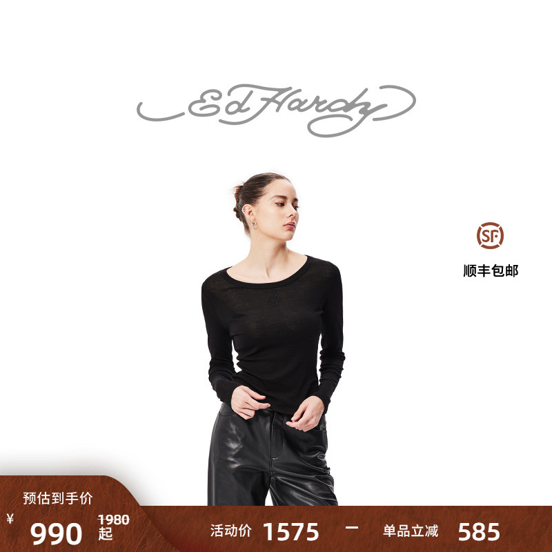 Ed Hardy埃德哈迪冬季新款经典烫钻修身女士长袖T恤显瘦打底