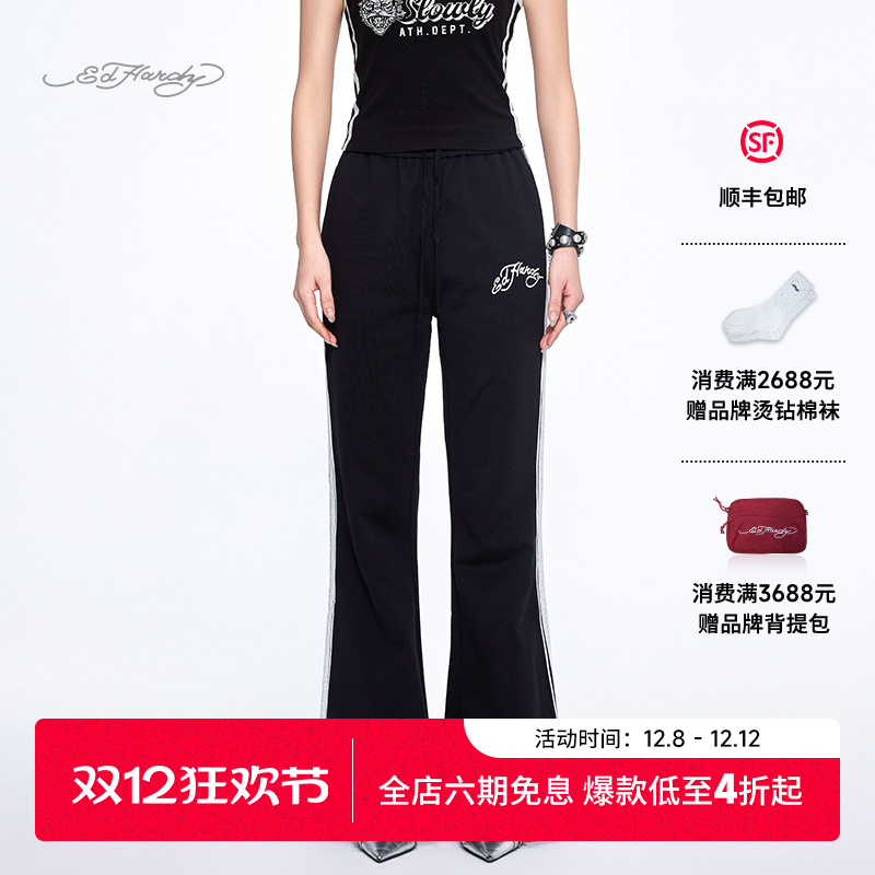 Ed Hardy埃德哈迪2025夏季新款平绣紧身喇叭蕾丝织带女士长裤