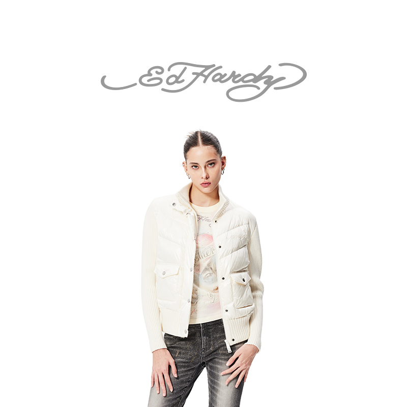 Ed Hardy埃德哈迪冬季新款高领短款修身针织拼接女士羽绒服
