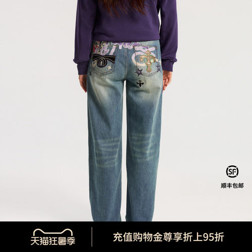 Ed Hardy埃德哈迪2026秋季新款女士绣花烫钻直筒牛仔长裤E1SAW226