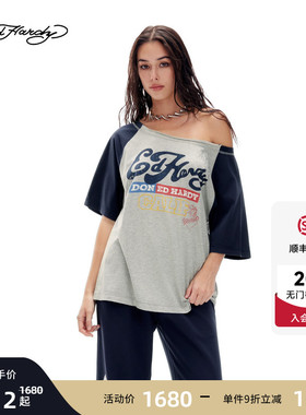 Ed Hardy埃德哈迪2026夏季新款女士斜肩宽松撞色短袖T恤E1SBW211