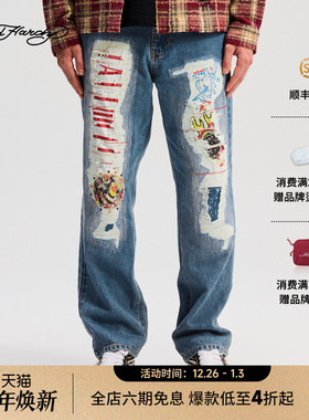 Ed Hardy埃德哈迪2025冬季新款男士中腰破洞烫钻牛仔长裤E1RDM069