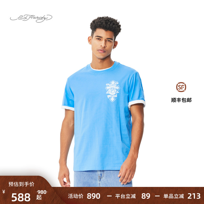 Ed Hardy埃德哈迪2025春季新款男士婴儿蓝复古时尚百搭短袖T恤