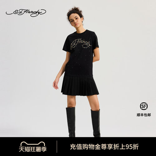 Ed Hardy埃德哈迪秋季流行新款女士拔印烫钻微落肩连衣裙